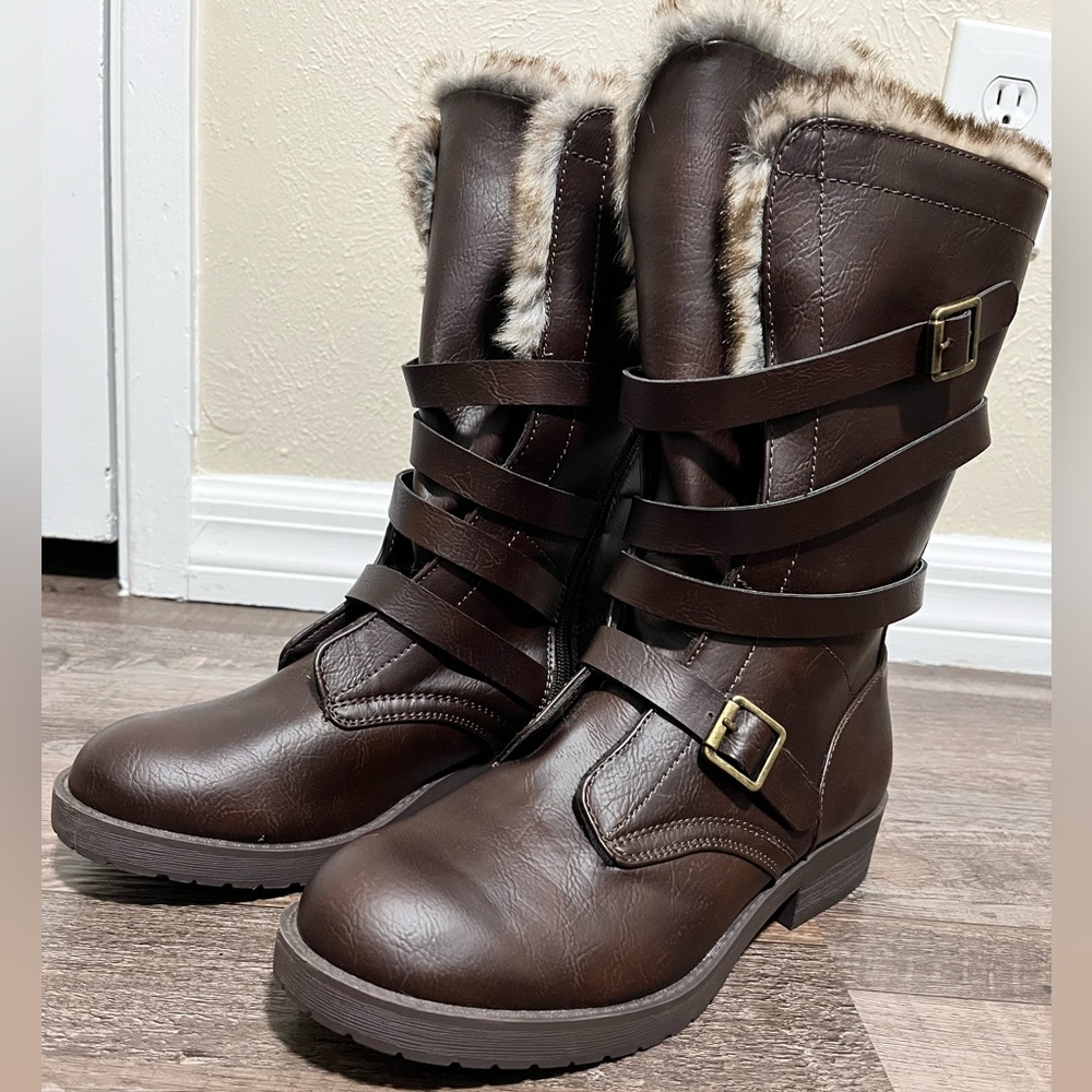 Kohl's SO Brown Faux Fur-Trim Mid-Calf Strap Boots